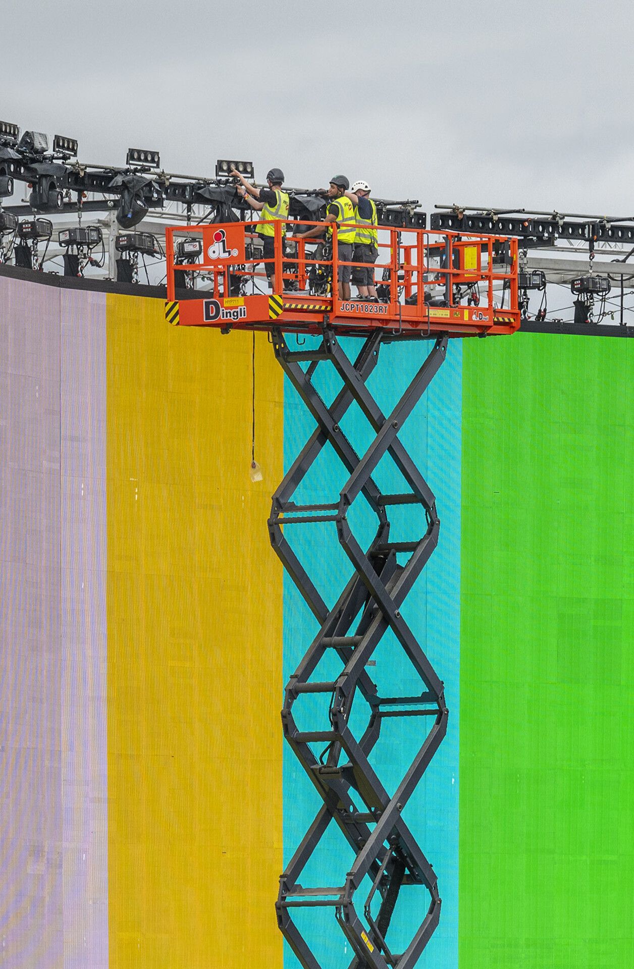 Rigging LED Technicians building LED Wall